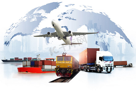 运输、进出口和物流概念、集装箱卡车、港口船舶和运输中的货运飞机以及进出口商业物流、航运业 