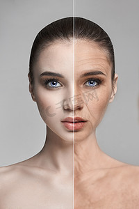 皮肤摄影照片_皮肤老化, 皱纹, 女性面部恢复。皮肤护理, 恢复和再生的皮肤。前后。妇女老化, 面部皱纹