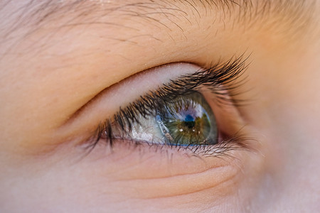 Close up view of kid eye vision lashes detail,macro face skin portrait,hope concept