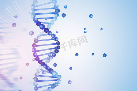 蓝色紫色的垂直 dna 螺旋线, 其部分散落在浅蓝色背景上, 几何图案。生物技术、生物学、医学和科学概念。3d 渲染模拟