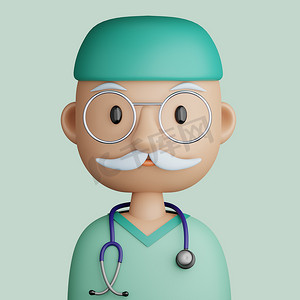 close摄影照片_3D illustration of doctor man. Cartoon close up portrait of smiling  mature doctor man  on a green background. 3D Avatar for ui ux.