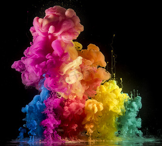 五彩缤纷的彩虹色油漆从上面滴入水中.水墨在水下旋转.