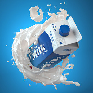 牛奶盒或牛奶包装和蓝色牛奶飞溅 