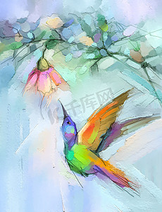 摘要色彩艳丽的油画、雀鸟(蜂鸟)的丙烯酸绘画和春花。现代艺术绘画在画布上画笔.画图油画,动物和花卉为背景.