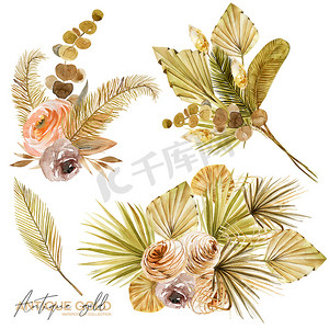一套水彩花花束，由金色和绿色的干扇形棕榈叶、干玫瑰、桉树枝及奇异植物制成，以白色背景作孤立的插图