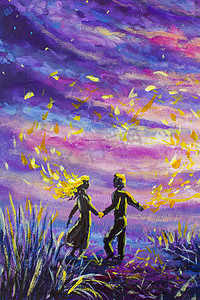 紫色宇宙星空摄影照片_原始绘画抽象男女在日落时跳舞。夜, 自然, 山水, 紫色星空, 浪漫, 爱情, 感情, 宇宙;空间.童话