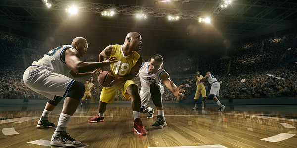 篮球赛封面摄影照片_篮球运动员在大型职业赛场上比赛。男子篮球运动员为球而战