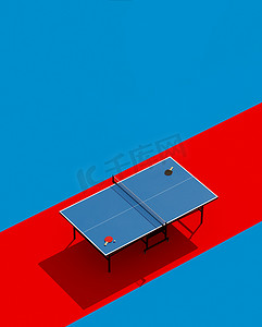 乒乓球海报设计。乒乓球桌和球拍。3d 插图