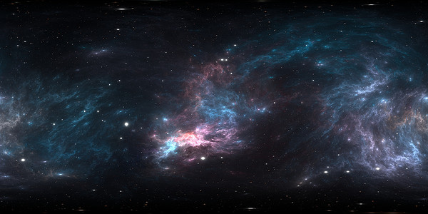 360度空间星云全景，等长方形投影，环境图。HDRI球形全景。带星云和恒星的太空背景。3d说明