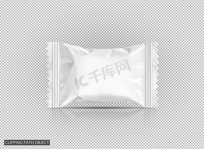 桂花香包摄影照片_空白包装糖果塑性香包在虚拟透明网格背景下, 为产品设计准备好裁剪路径