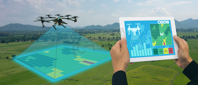 农业无人驾驶飞机、 无人机用于各个领域如研究分析、 安全、 救援、 地形扫描技术，监测土壤水化、 产量问题将数据发送到智能农夫在平板电脑上