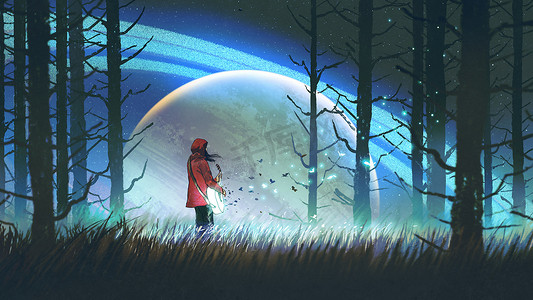 夜风光的年轻女子在森林里玩着魔法吉他反对发光的行星背景, 数字艺术风格, 插画绘画 