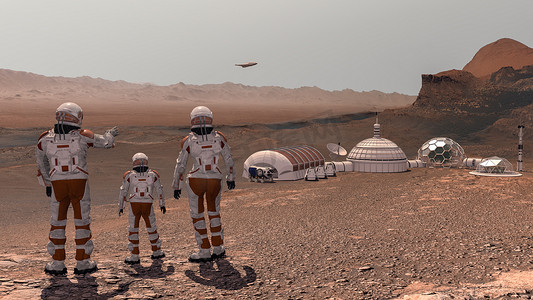 星际移民摄影照片_家庭殖民者移民到火星，一个男人，一个女人和一个孩子欣赏火星的风景，城市和宇宙飞船。去火星探险任务。未来主义殖民化和空间探索概念。3D渲染。提供的录像内容