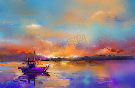 油画纹理上的彩色油画。阳光背景下海景画的印象派形象