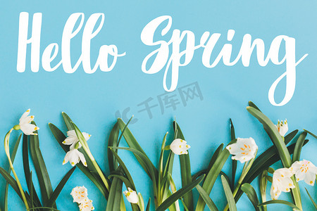 大家好，春花初开，蓝底，平铺。时尚的花卉贺卡或海报模板。春天的时候。春雪花开的花边