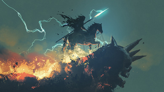 假面骑士龙骑摄影照片_骑士，骑着马站在黑暗的骷髅悬崖上，数码艺术风格，插图绘画