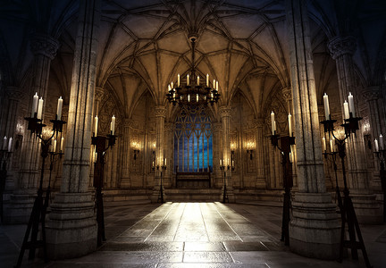 Cgi 幻想城堡或大教堂室内的插图由烛光