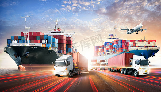 商业png摄影照片_夕阳西下船厂集装箱、货轮和货机的商业物流和运输概念、物流进出口和运输业背景