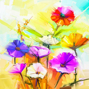 春花油画。黄色和红色格贝拉花的静生。五颜六色的花束与浅紫色，蓝色背景