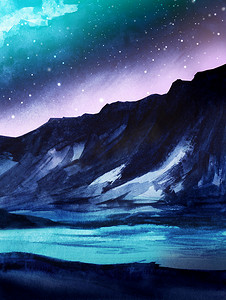 蓝色星空蓝色星空摄影照片_夜景。山的黑暗剪影。星空与北极光。粉红色和蓝色光线。水面或湖面。神秘的地方手绘水彩插图