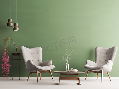 福空心字摄影照片_空心墙壁在柔和的现代内部与绿色墙壁, 软的扶手椅, 植物和灯。3d 渲染