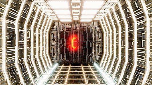 modern spaceship corridor with a huge door at the end 3d illustration 