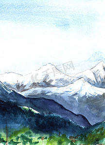笔触摄影照片_水彩抽象背景景观雄伟的雪山链雪峰与绿色区域的前景下,高高的蓝色和白色的天空。在纸张纹理上绘制的笔触插图.