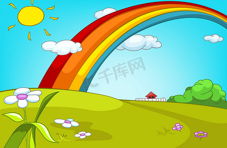 卡通背景的夏天空地与彩虹.