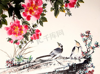 中国水墨绘画鸟和树