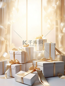 白色礼盒金色丝带节日背景19