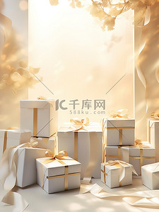 白色礼盒金色丝带节日背景13