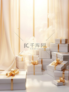 白色520背景图片_白色礼盒金色丝带节日背景20