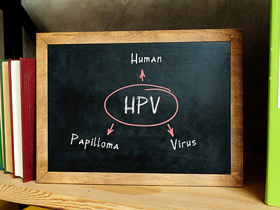 photo摄影照片_ HPV Human Papilloma Virus on Concept photo.粉刷过的彩色学生房间里的空白黑板