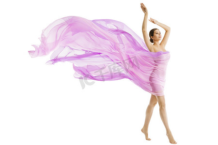 飘动摄影照片_女人的身体美, 模特穿着丝绸粉红色的飞舞的布料在风中飘动