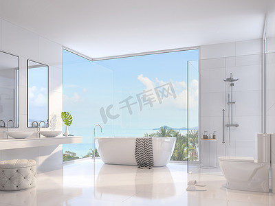 浴缸摄影照片_豪华浴室3d 渲染, 装饰与白色卫浴洁具, 玻璃墙淋浴, 双水槽和圆形浴缸, 有大窗户俯瞰海景.