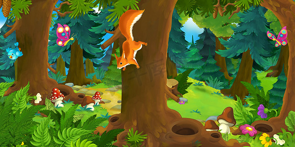 卡通场景与快乐松鼠在树上-在森林里-儿童插画