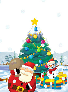 卡通圣诞老人与礼物站和微笑-礼品-孩子们的快乐雪人圣诞树形插画-圣诞设计