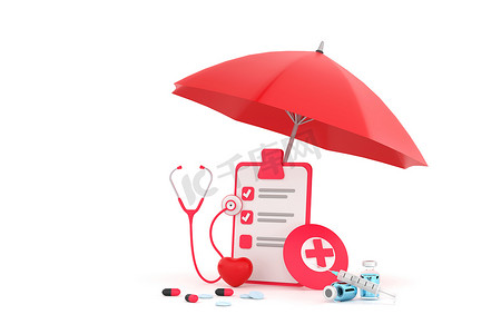 check摄影照片_3D. stethoscope, syringe, red heart and check list under yellow umbrella