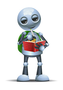 3D小机器人在书本上书写的图解，代表孤立的白人背景下的教育学生