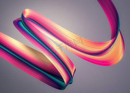 3d 渲染抽象背景。色彩鲜艳的90s 风格扭曲的形状在运动。彩虹数码艺术为印刷品或网络海报, 横幅, 设计元素。带肋纹理的全息箔带.