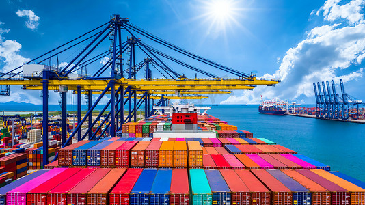 集装箱船在深海港卸货，全球商业物流进出口货物运输在全球范围内由集装箱船在海上卸货，集装箱船在货船上装货.