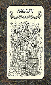 魔术师。主要奥秘塔罗牌。魔术门甲板。幻想雕刻插图与神秘的神秘符号和深奥的概念, 复古背景