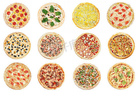 一套白色背景的意大利披萨。大量收藏各种披萨。新鲜美味的披萨拼贴集。顶部视图