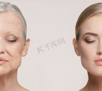 孙尚香皮肤摄影照片_比较.美丽的女人的肖像与问题和清洁皮肤, 衰老和青年概念, 美容治疗