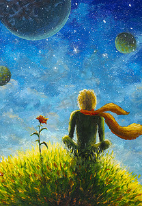 手绘海报摄影照片_与一个可爱的小男孩的油画。太空，行星，童话，星星，可爱的男孩性格，红玫瑰。手绘插图。儿童海报，婴儿房印刷品.