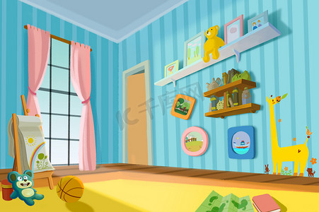 儿童插图。甜蜜的儿童房。视频游戏数字Cg艺术作品，概念插图，逼真的卡通风格背景 