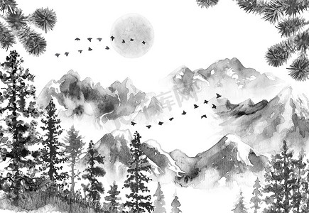手绘飞鸟摄影照片_山和冷杉树的墨水风景