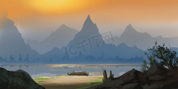 中国的山和河。小说背景。概念艺术。逼真的插图。视频游戏数字 cg 艺术品。自然风光.