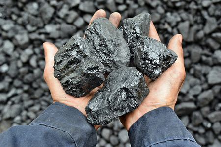 工人矿工手中的煤。图片可用于煤炭开采、能源或环境保护的理念.