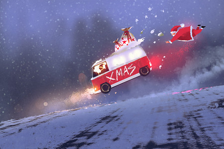 圣诞老人和圣诞礼品袋跳上冬季道路与范